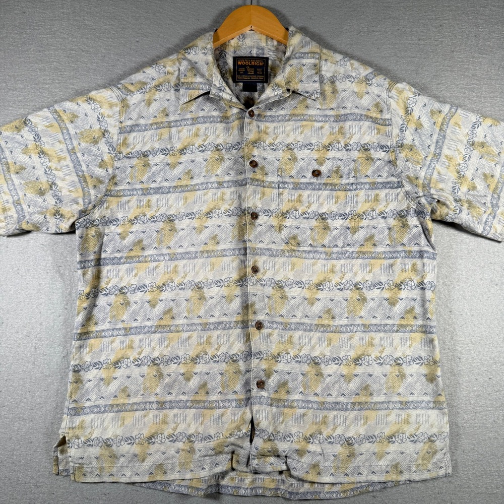 Woolrich John Rich & Bros Mens Gray Tan Geometric Floral Short Sleeve Shirt XL